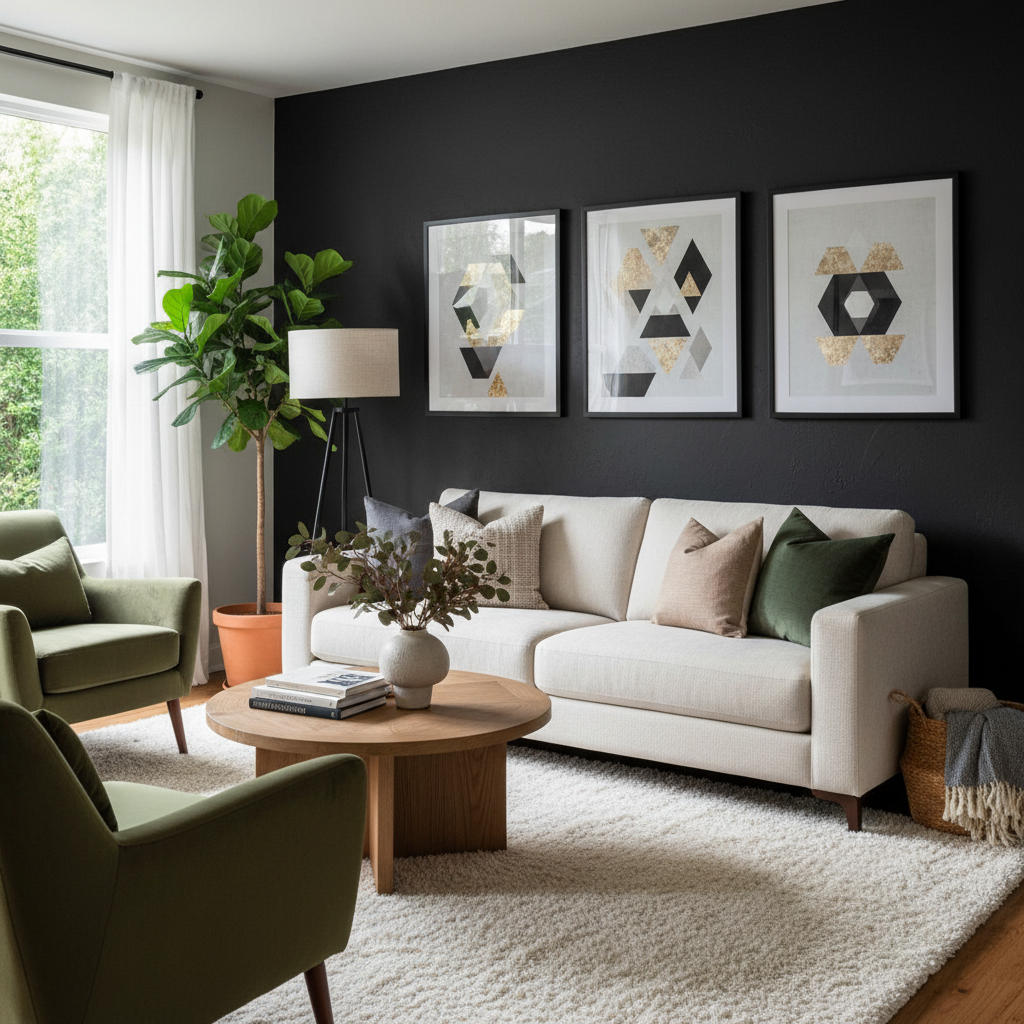 1. Black Accent Wall Magic - 6 black living room decor ideas