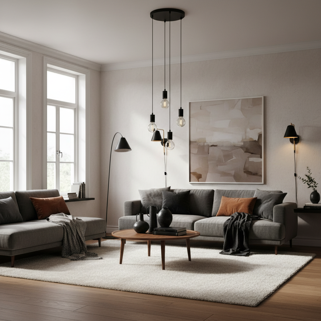 4. Moody Black Accents in Lighting - 6 black living room decor ideas