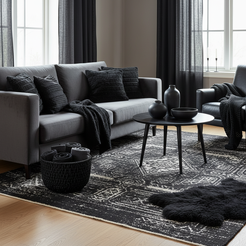 5. Black in Textiles and Rugs - 6 black living room decor ideas