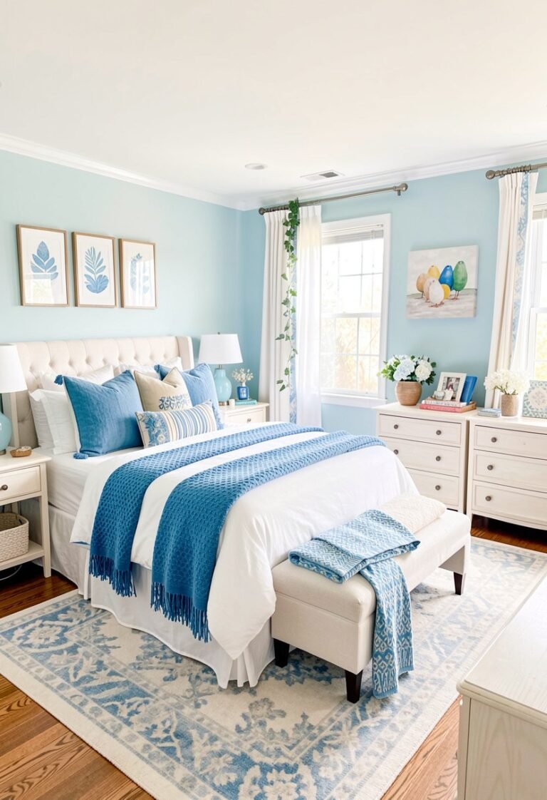 Layer White Bedding with Blue Throws